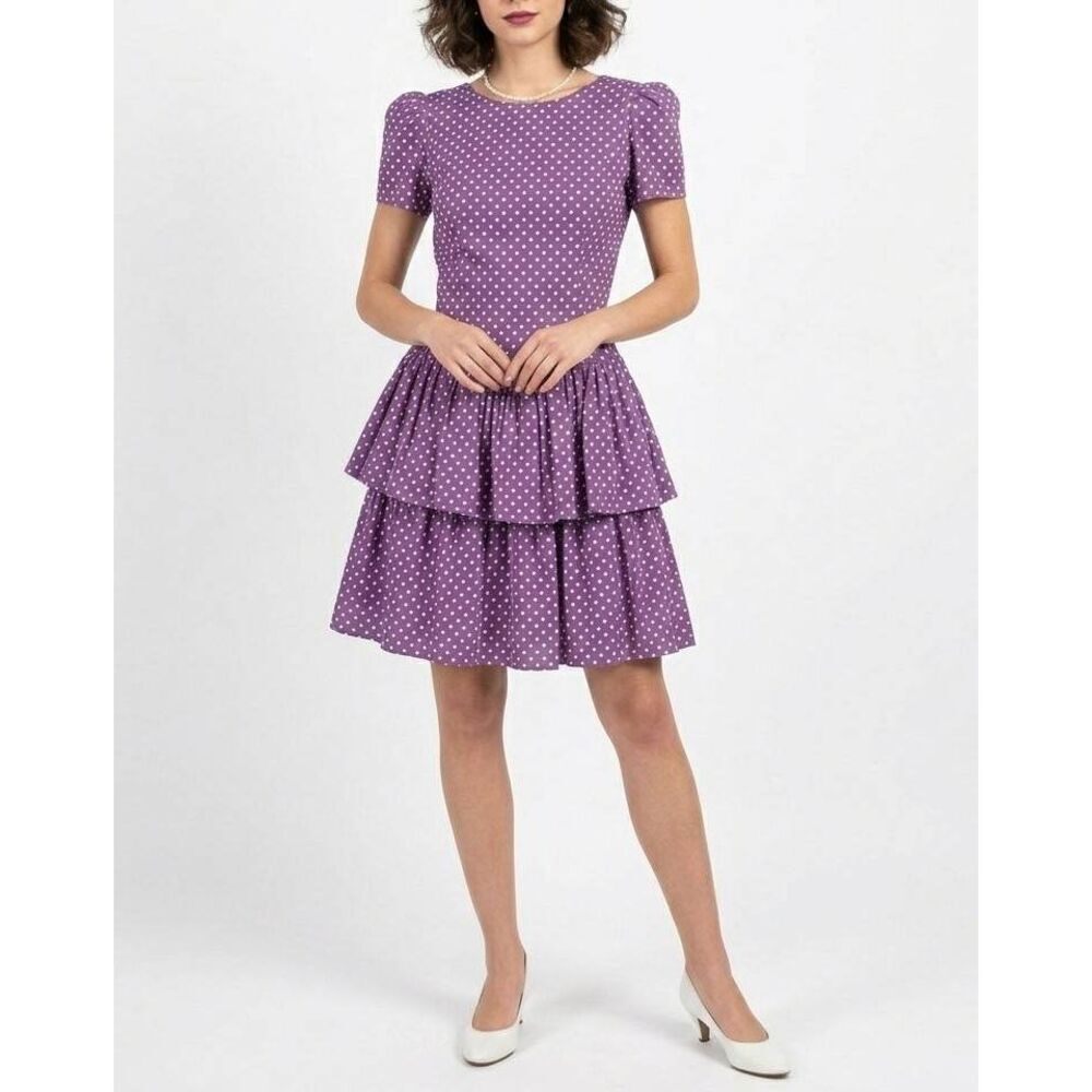 80s Donna Morgan purple & white polka dot drop waist ruffle hem dress 10 petite
